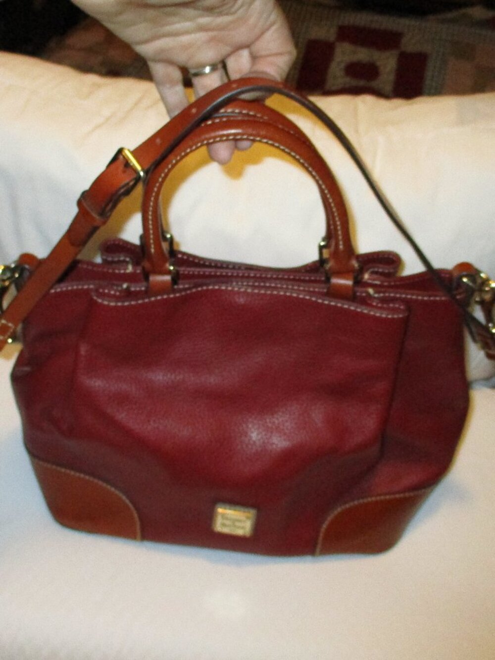 Dooney & Bourke “Brenna” Satchel In Wine Pebble Leather with Dark Tan Trim